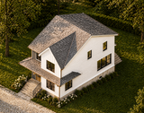 Front corner view of Château Caille with board-and-batten and horizontal siding.