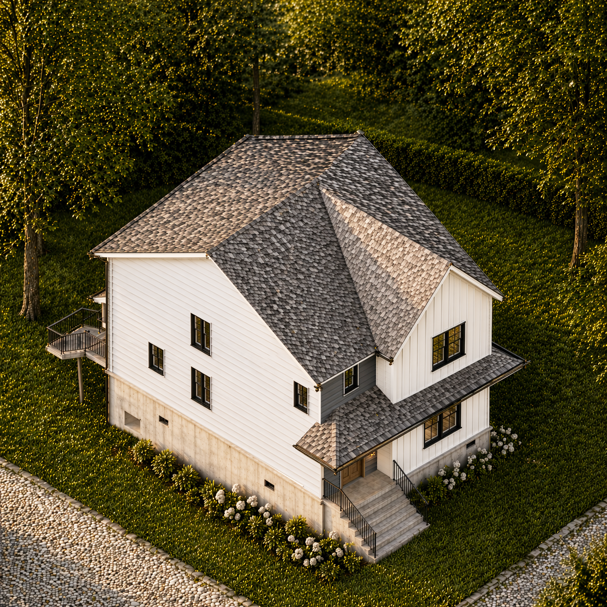 Rear corner view of Château Caille showing the outdoor deck and window arrangement.