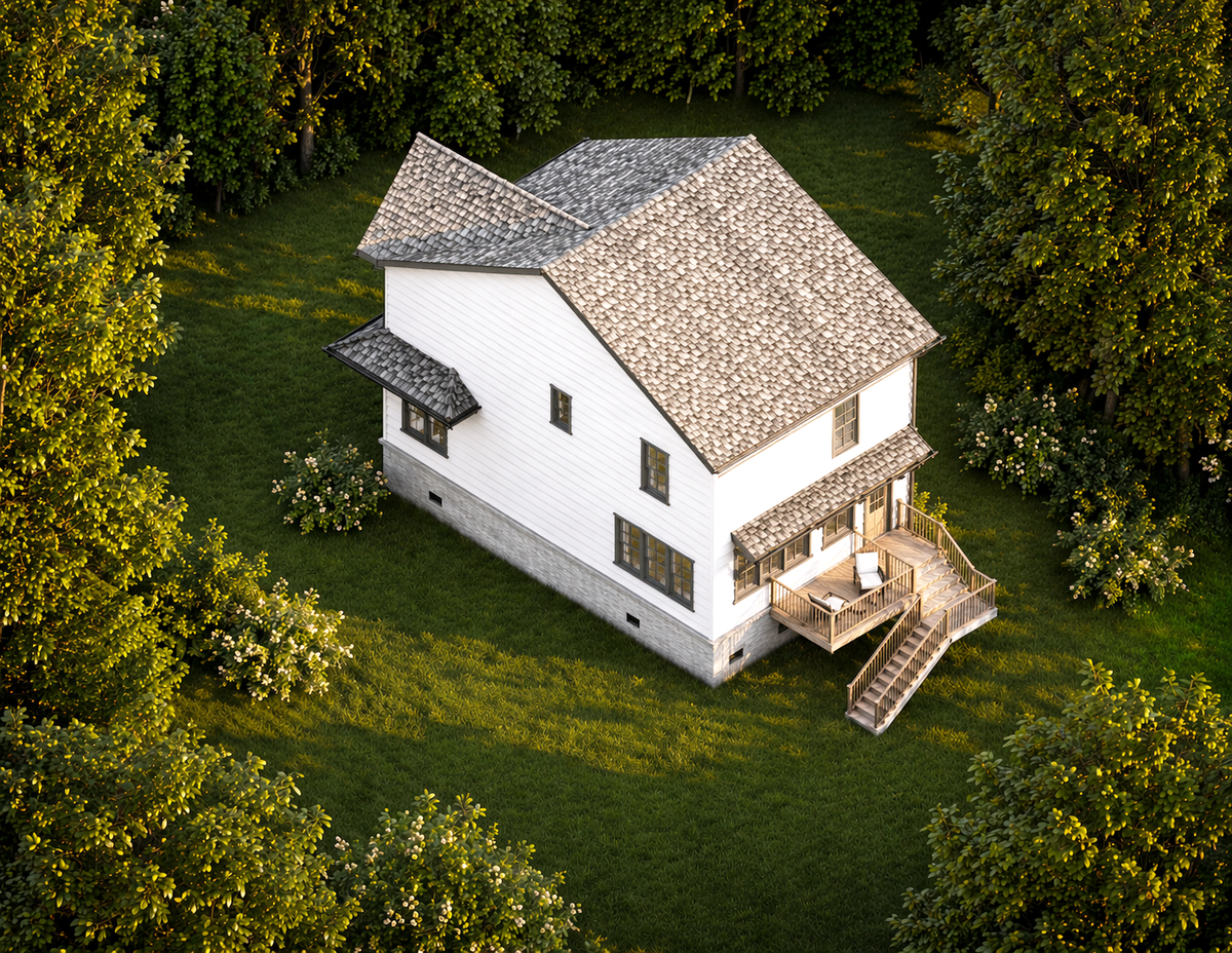 Rear exterior view of the Château Caille house plan.